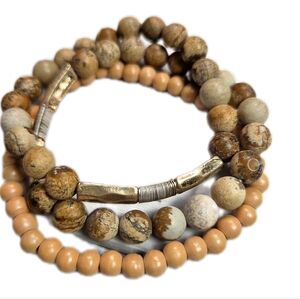 Neutral Jasper and Peach Bead Stack Bracelet Set Gold Bar Accent Boho